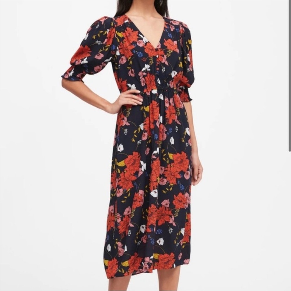 Banana Republic Floral V Neck Cropped Puff Sleeve Feminine Midi Romantic Dress